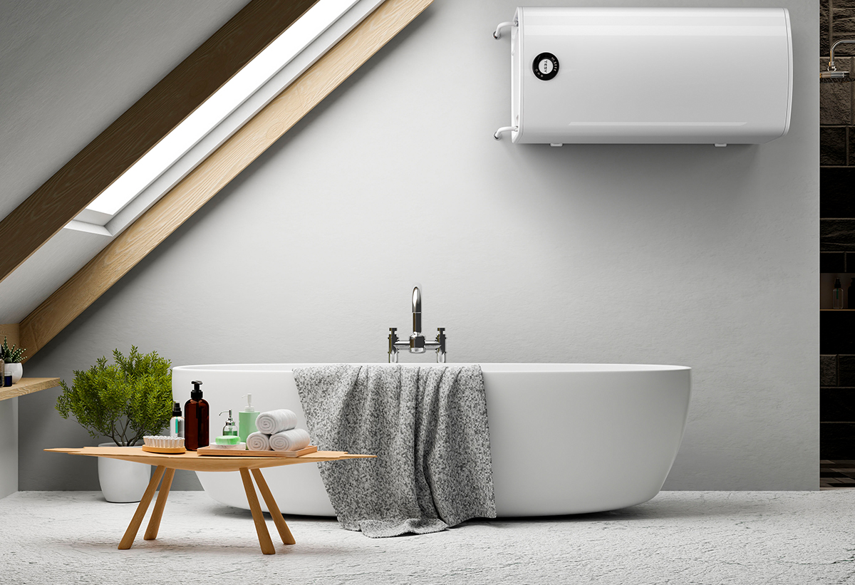 Απεικονίζει τον θερμοσίφωνα μέσα σε ένα μπάνιο